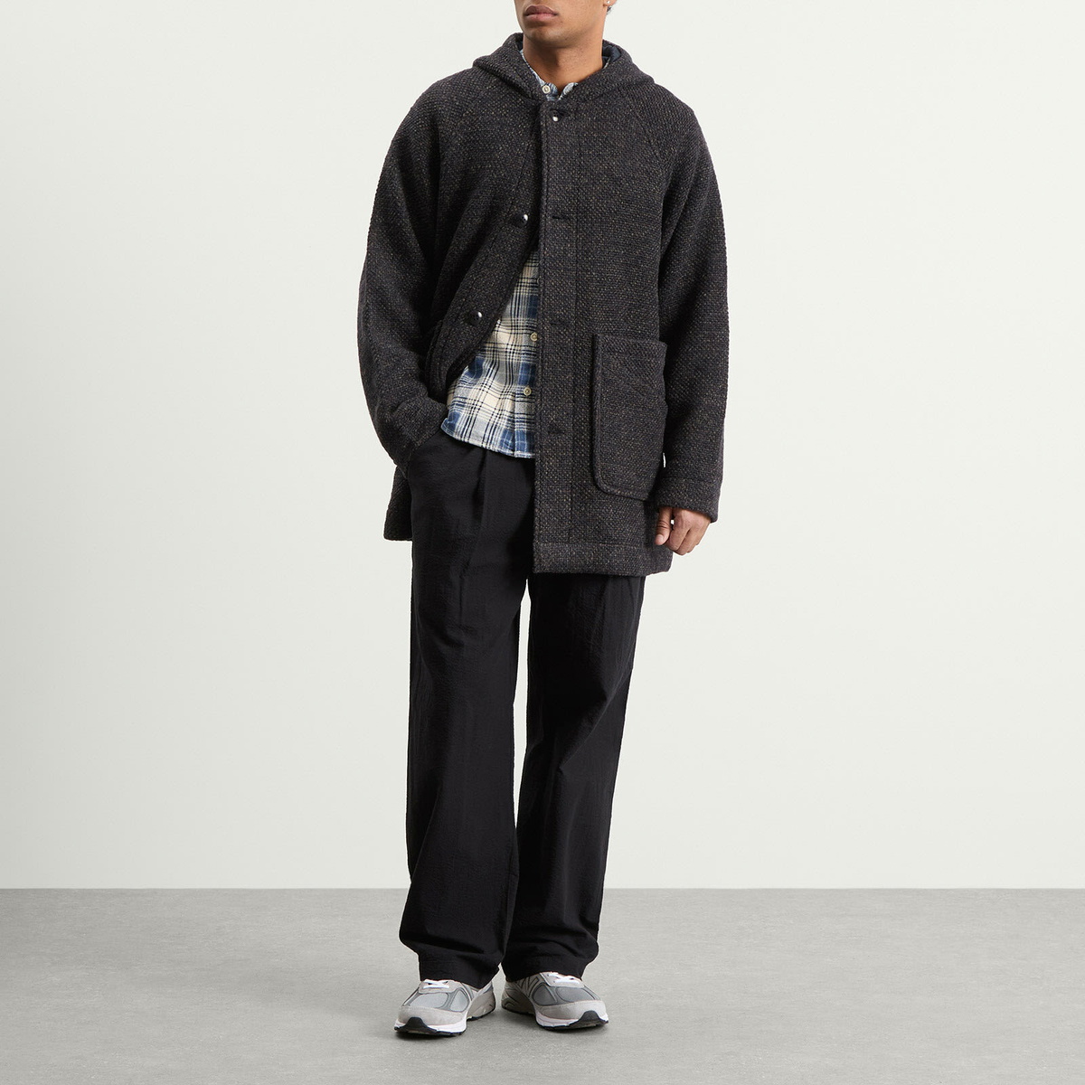 Folk Men's Hooded Car Coat in Navy Brown Texture