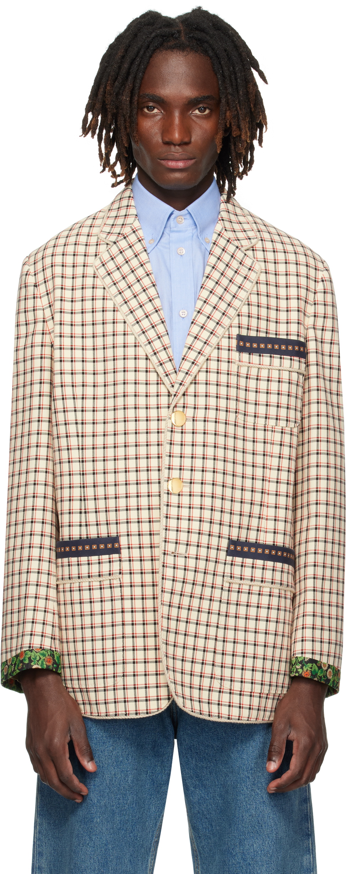 Valentino Beige Check Pattern Single-Breasted Cotton Blazer