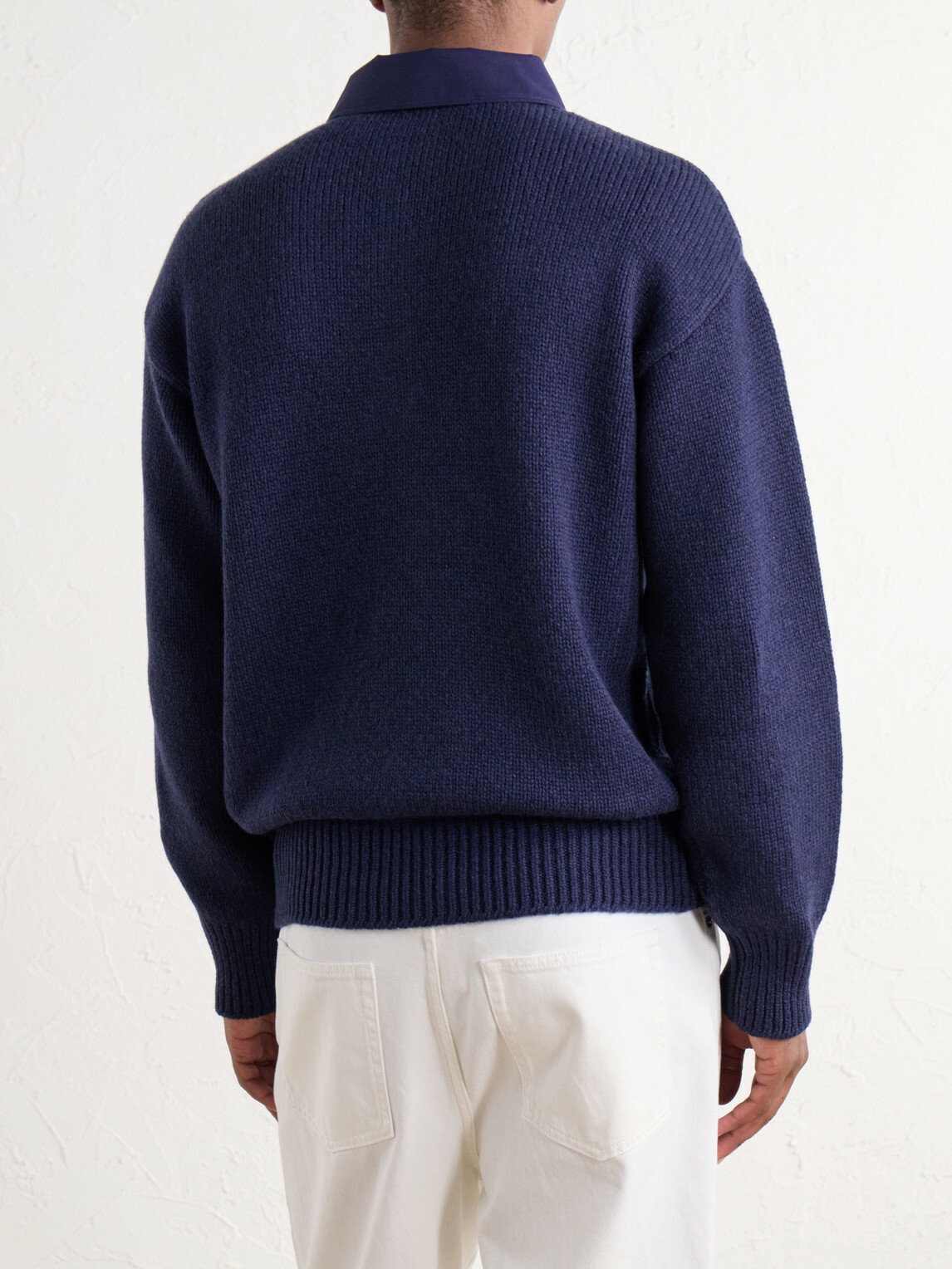 LOEWE - Logo-Embroidered Cotton Twill-Trimmed Wool-Blend Polo Sweater - Blue