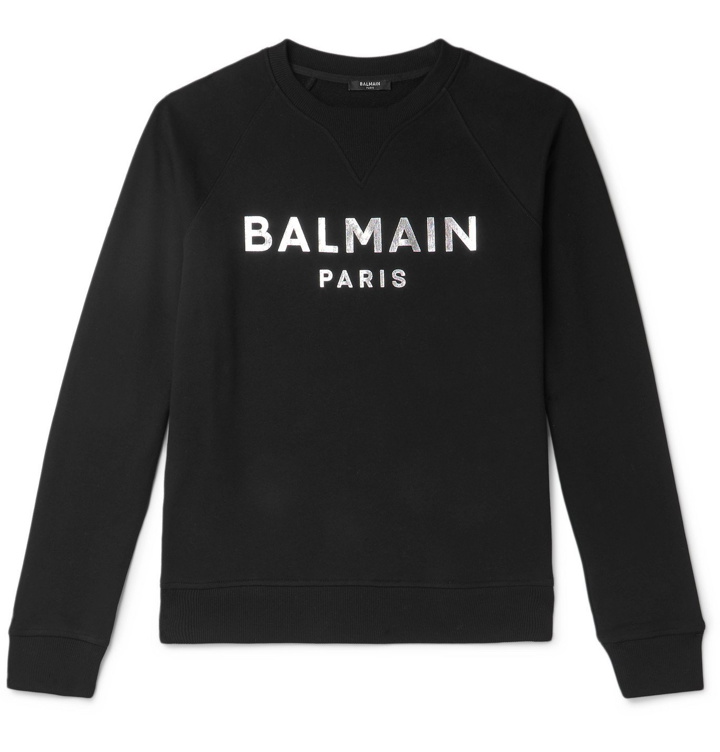 Photo: Balmain - Slim-Fit Metallic Logo-Print Loopback Cotton-Jersey Sweatshirt - Black