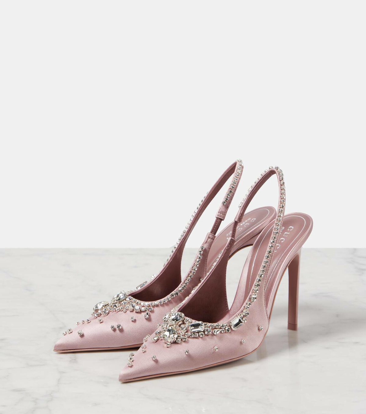 Gucci Talia 105 embellished satin slingback pumps
