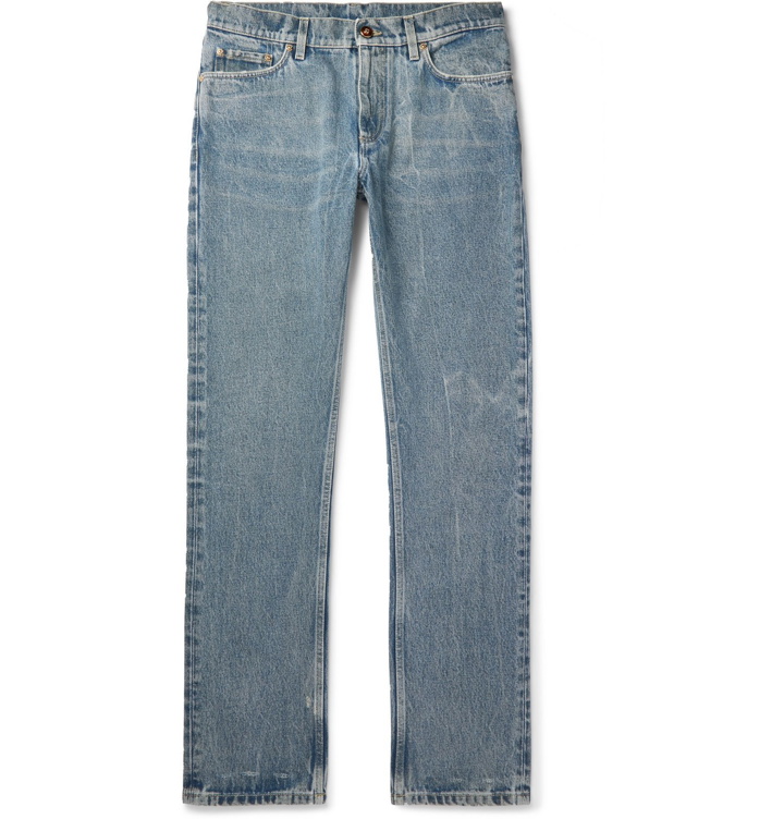 Photo: Burberry - Leather-Trimmed Distressed Denim Jeans - Blue