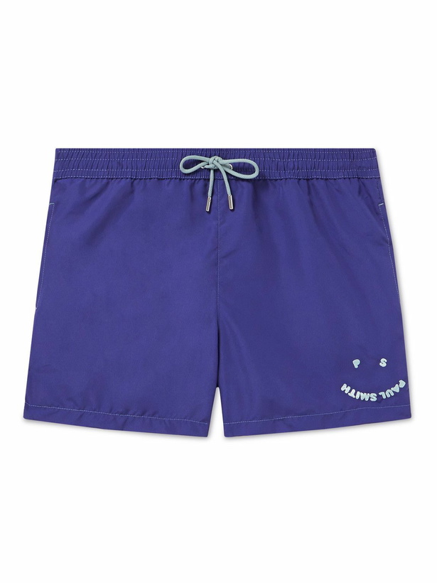 Photo: Paul Smith - Happy Slim-Fit Short-Length Logo-Embroidered Recycled Swim Shorts - Blue