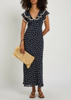 Rixo Bethea Polka dot Crepe de Chine Midi Dress Navy