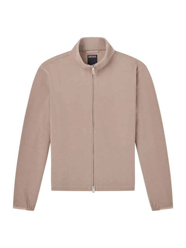 Photo: Zegna - Honeycomb-Knit Cotton, Wool and Silk-Blend Zip-Up Sweater - Brown