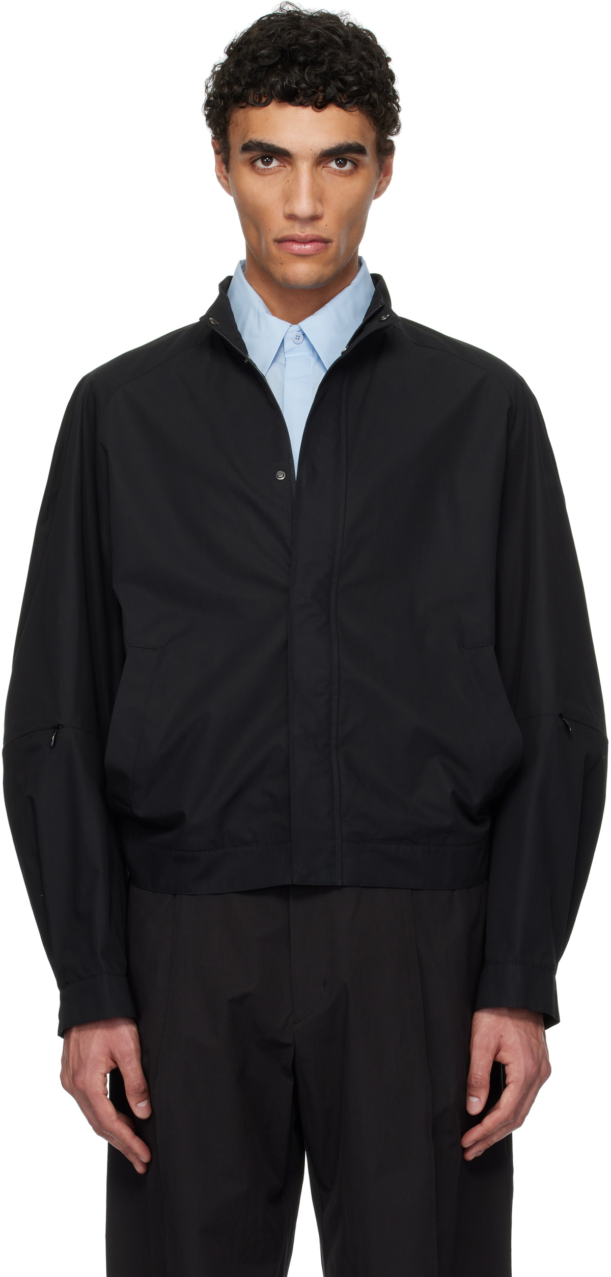 AMOMENTO Black Wool Stripe Zip-Up Jacket AMOMENTO