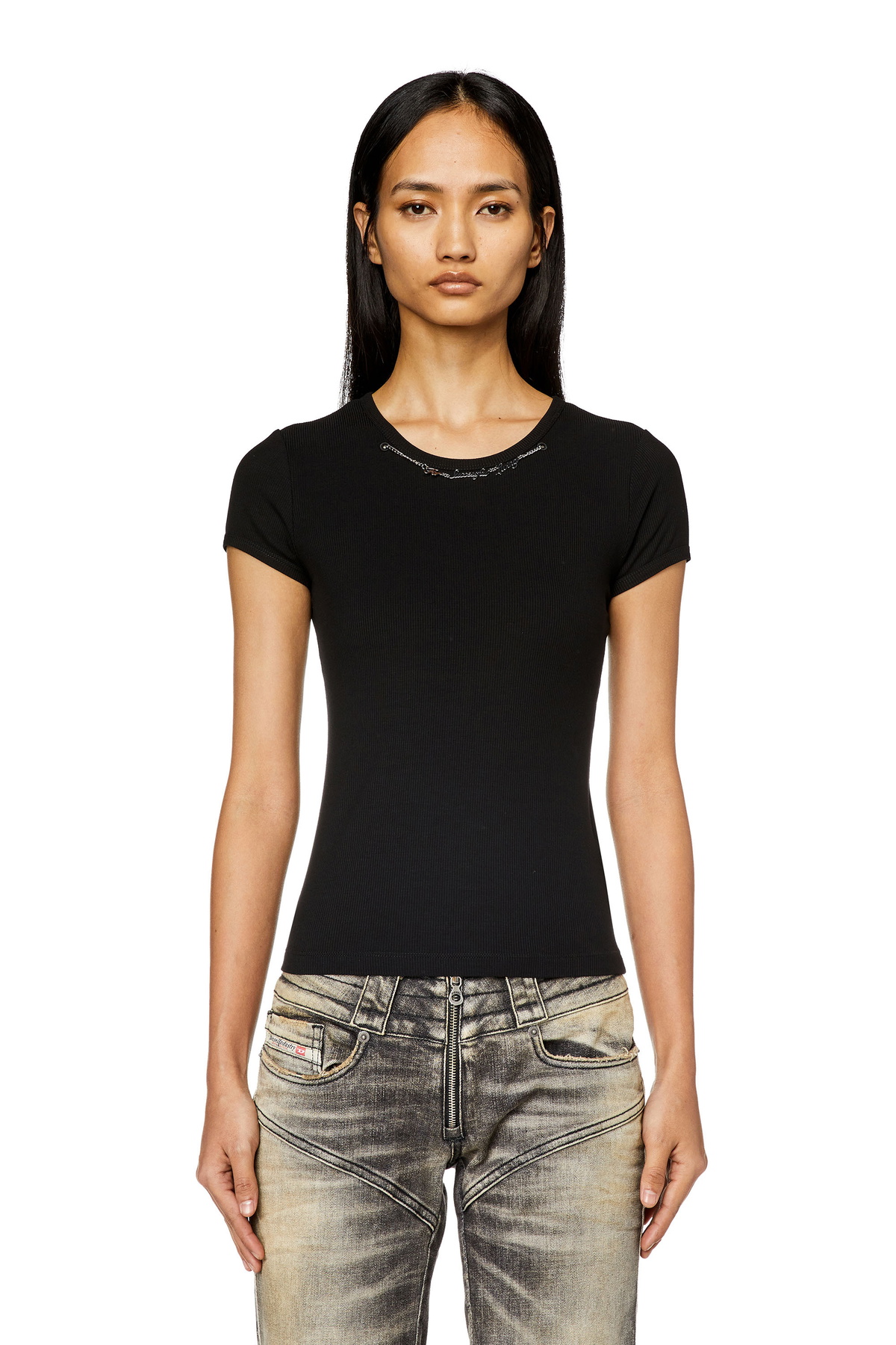 Diesel Ribbed-jersey top with chain necklace - T-Shirts Womens in Black