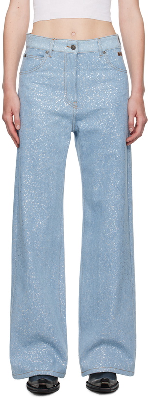 Photo: MSGM Blue Wide-Leg Glitter Jeans