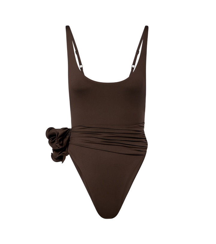Photo: Magda Butrym Floral-appliqué draped swimsuit