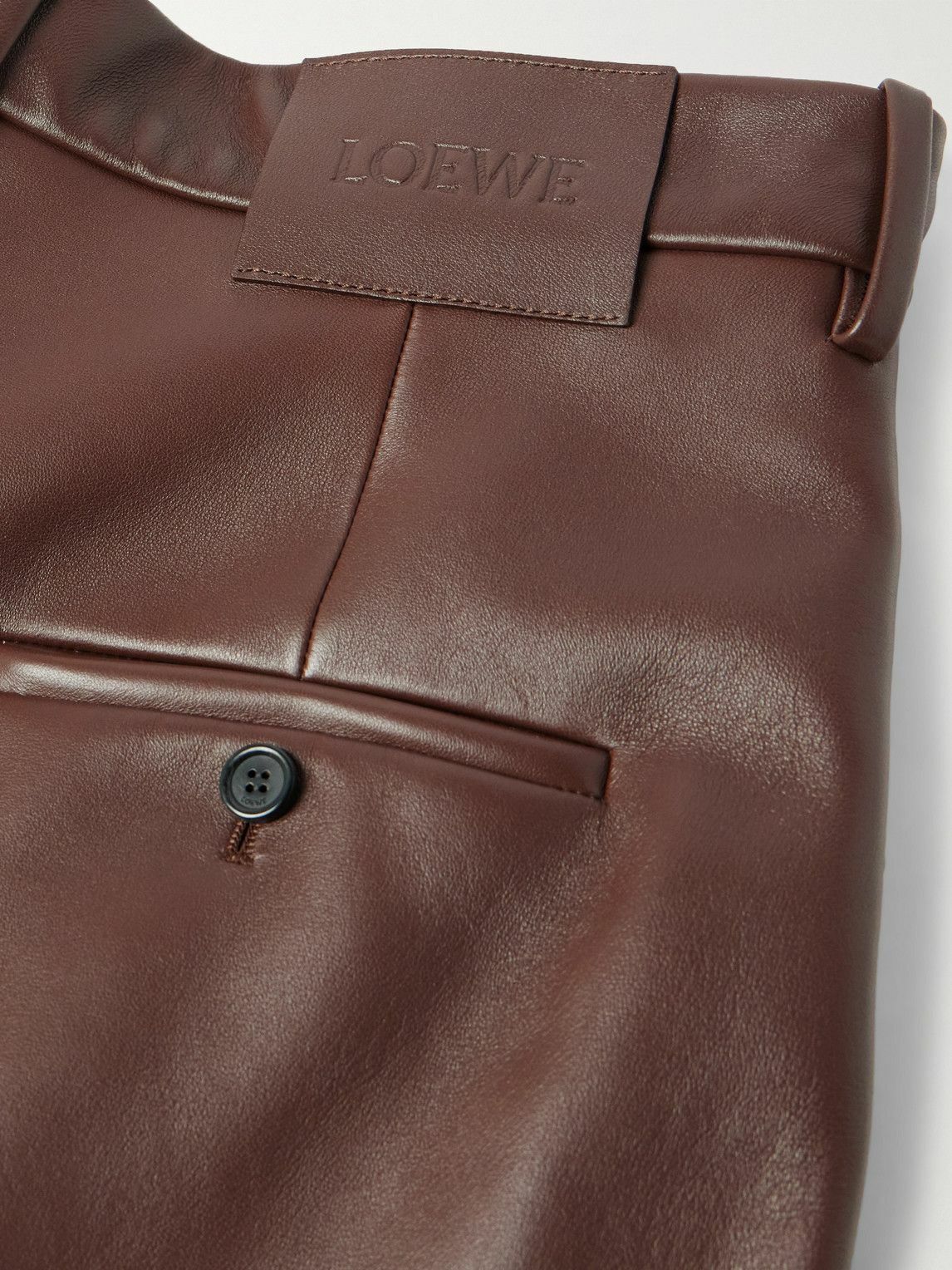 LOEWE - Straight-Leg Pleated Leather Tousers - Brown