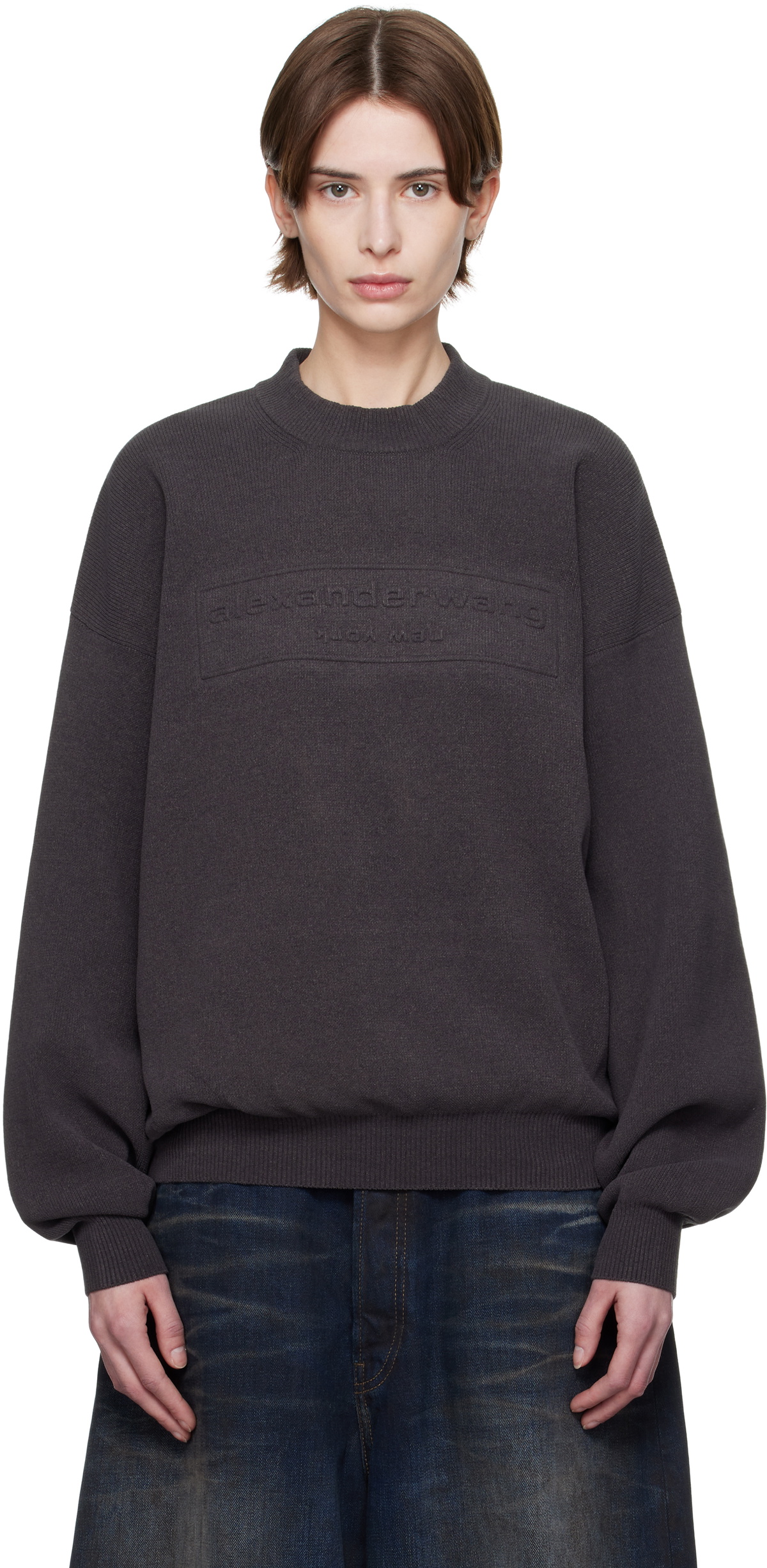 Alexander Wang Gray Logo-Embossed Ribbed Sweater