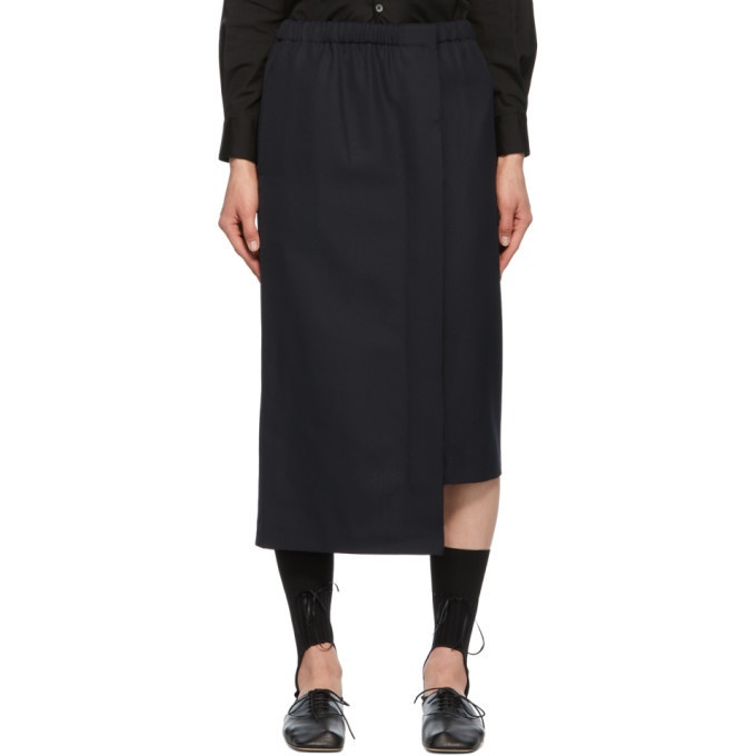 Photo: Comme des Garcons Comme des Garcons Navy Wool Asymmetric Skirt