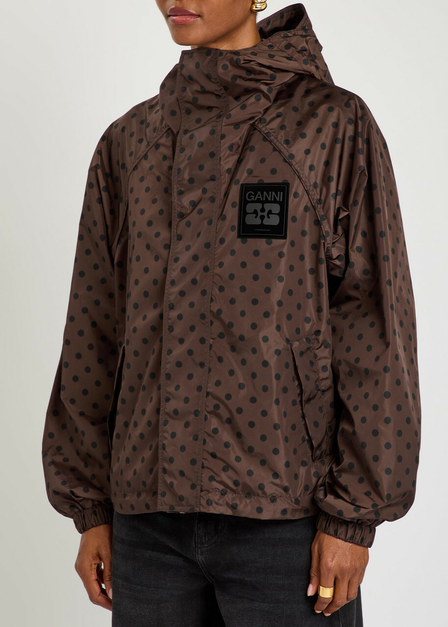 Ganni Polka dot Hooded Shell Jacket Brown