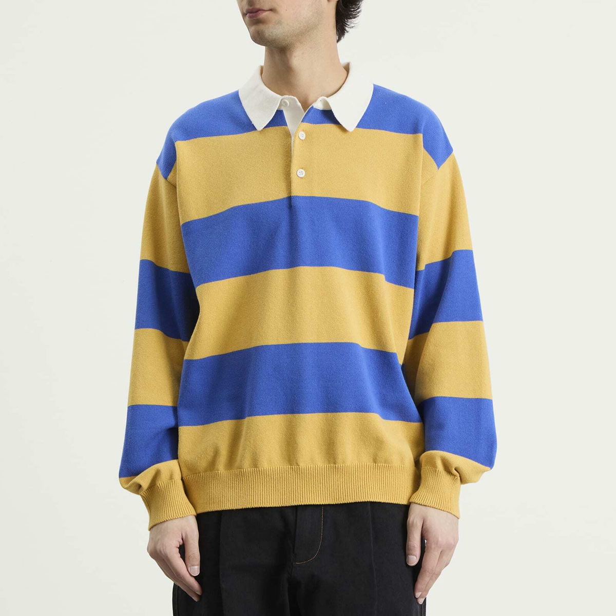 BEAMS Men's 7 Gauge Stripe Knit Rugby Shirt in Yellow