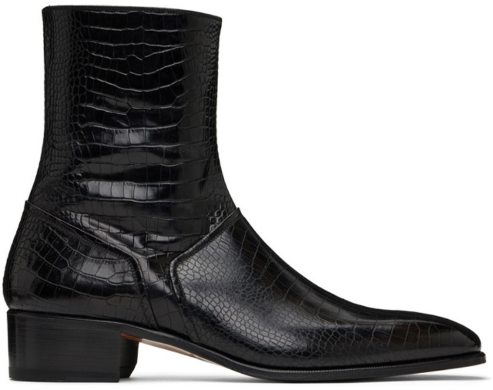 Photo: TOM FORD Black Croc-Embossed Boots