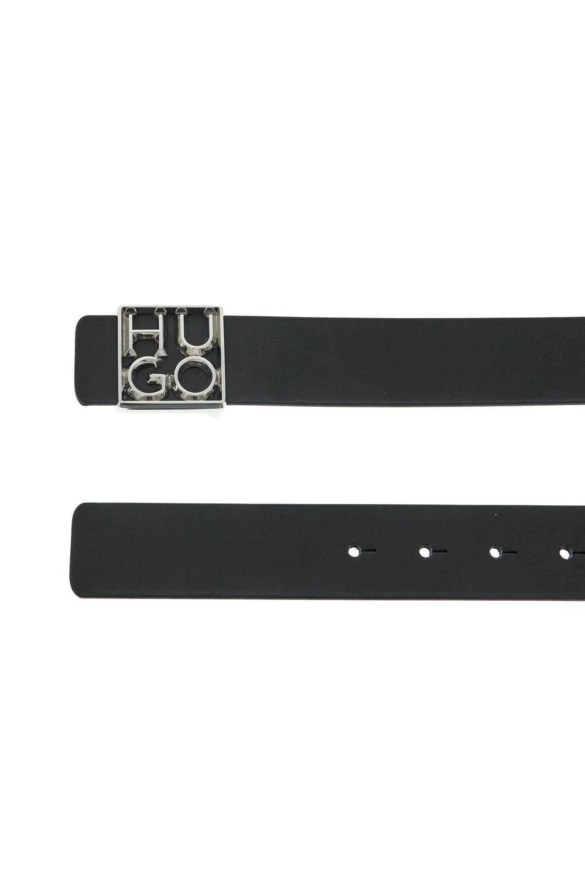 HUGO men's black leather belt with square buckle and embossed logo ...