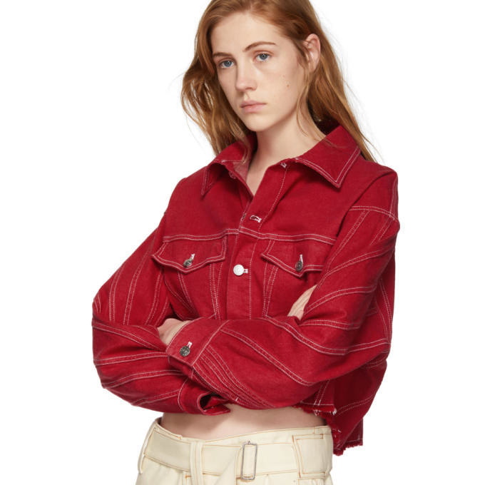Red With Contrast Stitch Crop Denim Jacket | PrettyLittleThing USA