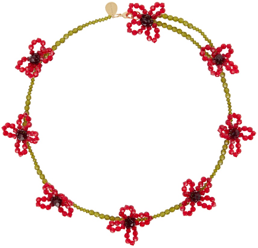 Simone Rocha Green & Red Beaded Flower Necklace