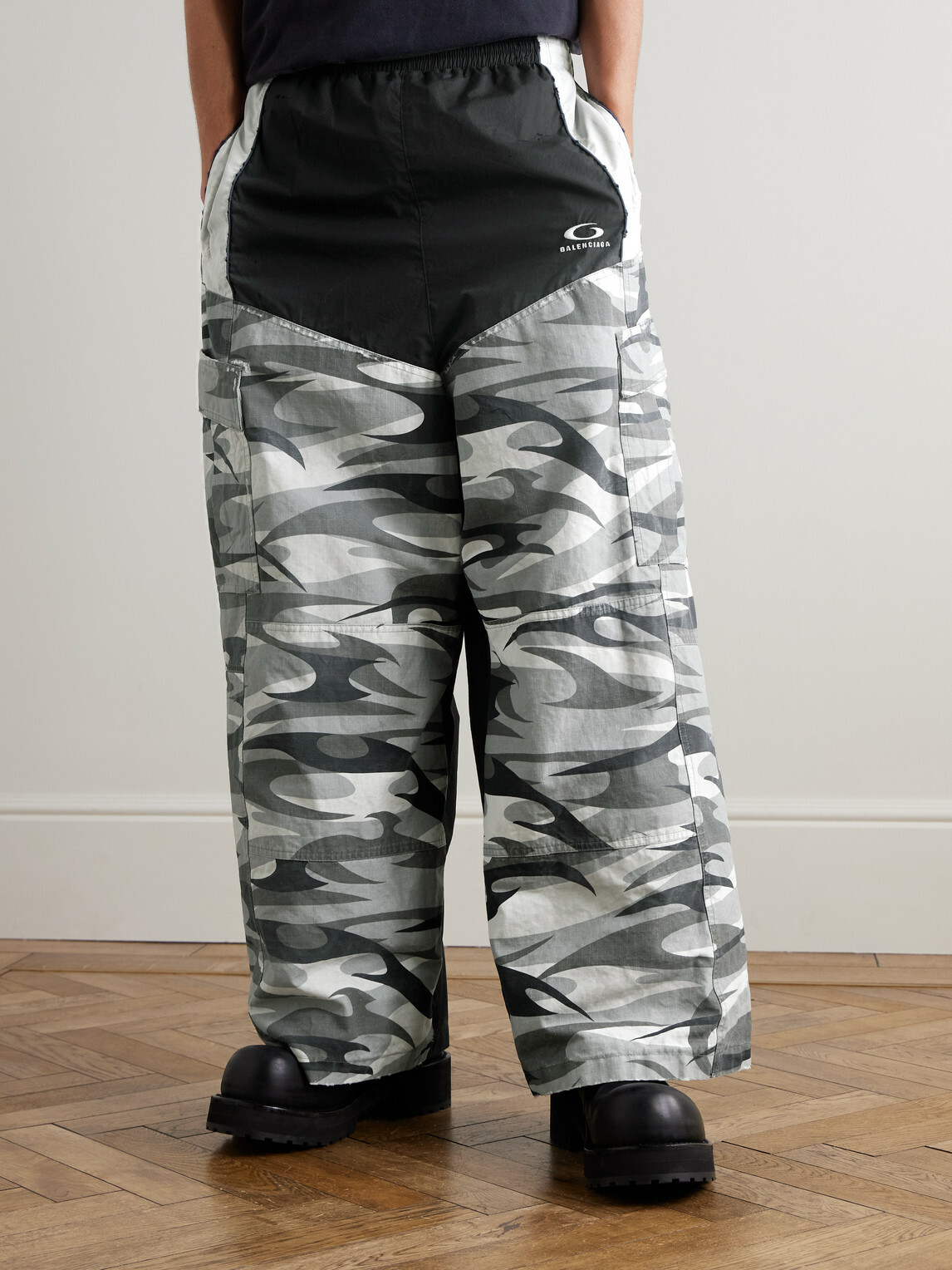 Balenciaga - Wide-Leg Panelled Cotton-Poplin and Camouflage-Print Ripstop Cargo Track Pants - Black