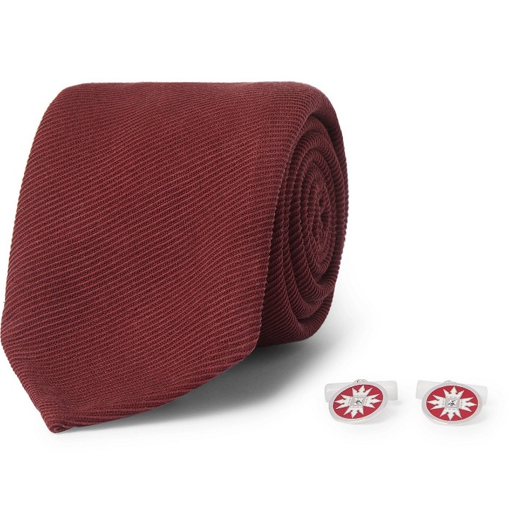 Photo: Rubinacci - Silk and Wool-Blend Twill Tie and Sterling Silver, Sapphire and Enamel Cufflinks Set - Burgundy