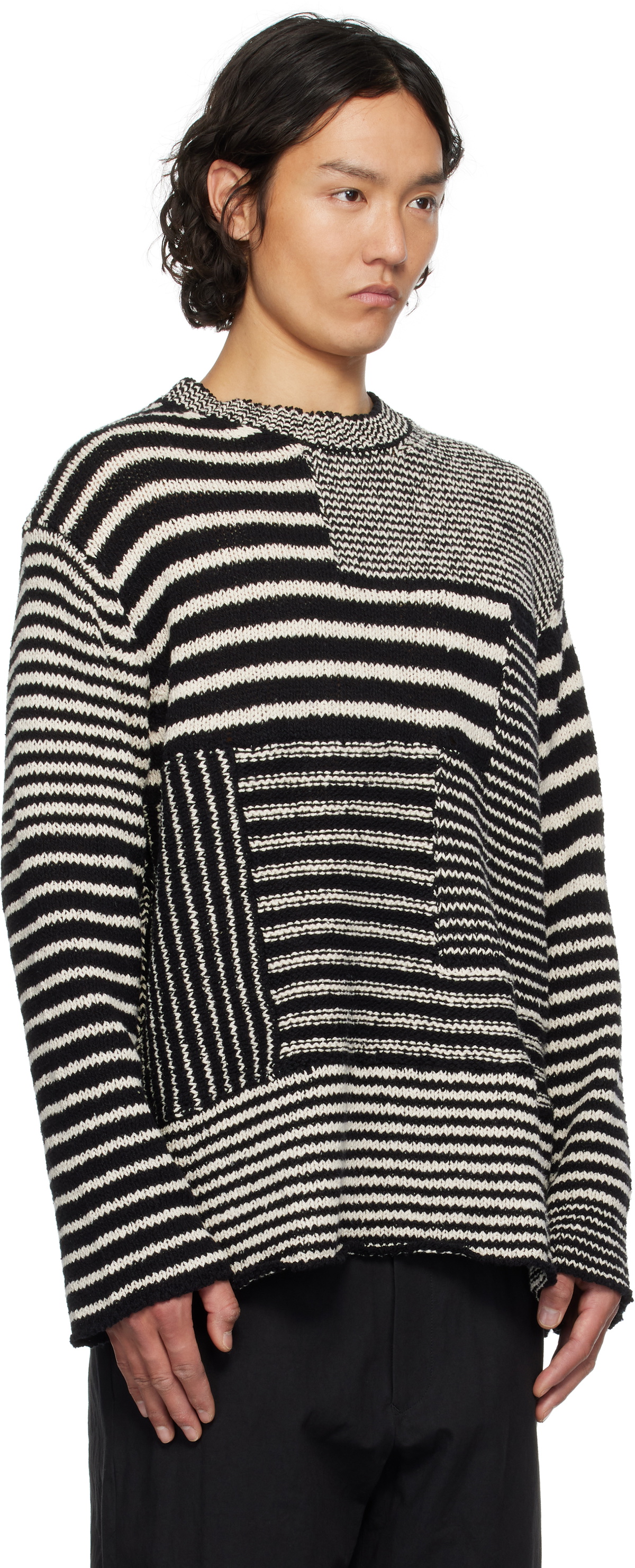 YOHJI YAMAMOTO Black & Off-White 3G1P Border Round Neck Knit Sweater