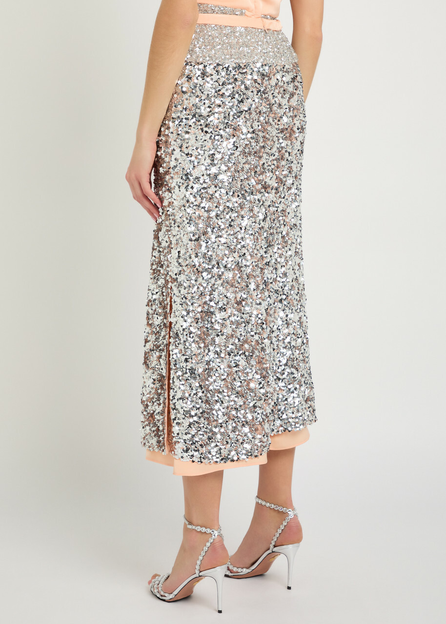 Rabanne Sequin-embellished Satin Midi Skirt Silver