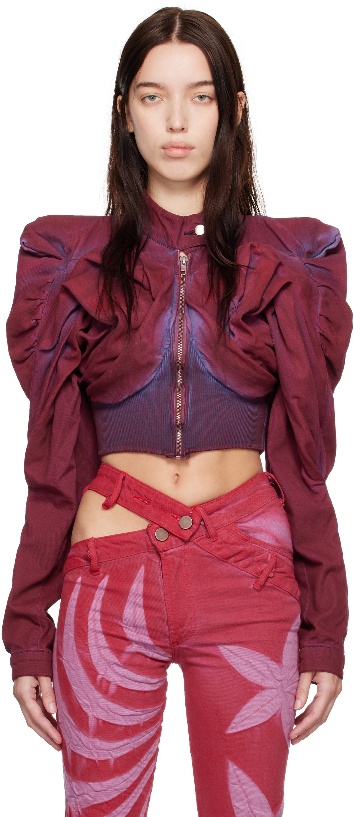 Masha Popova SSENSE Exclusive Red Scrapyard Draped Denim Jacket