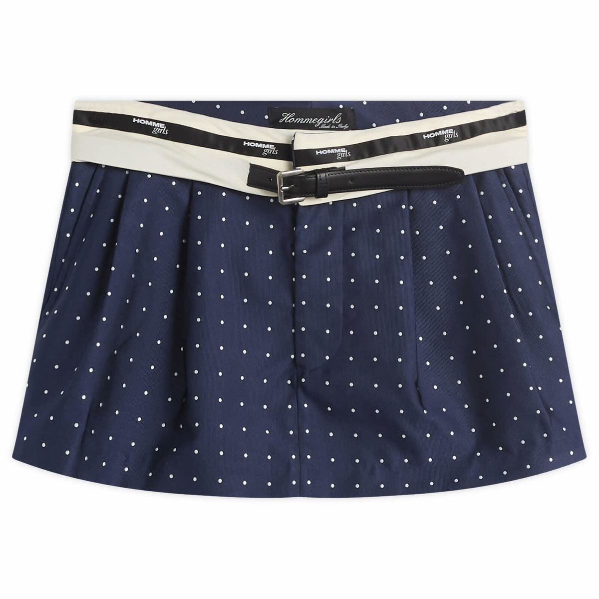 Hommegirls Women's Flip Waist Belt Mini Skirt in Navy Polka Dot