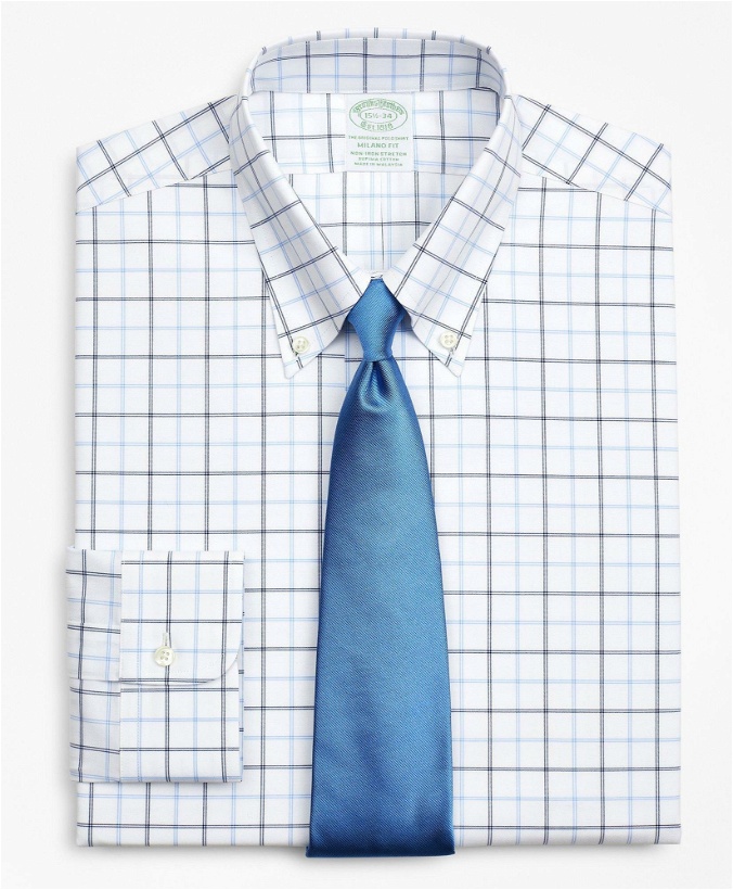 Photo: Brooks Brothers Men's Stretch Milano Slim-Fit Dress Shirt, Non-Iron Poplin Button-Down Collar Double-Grid Check | Blue