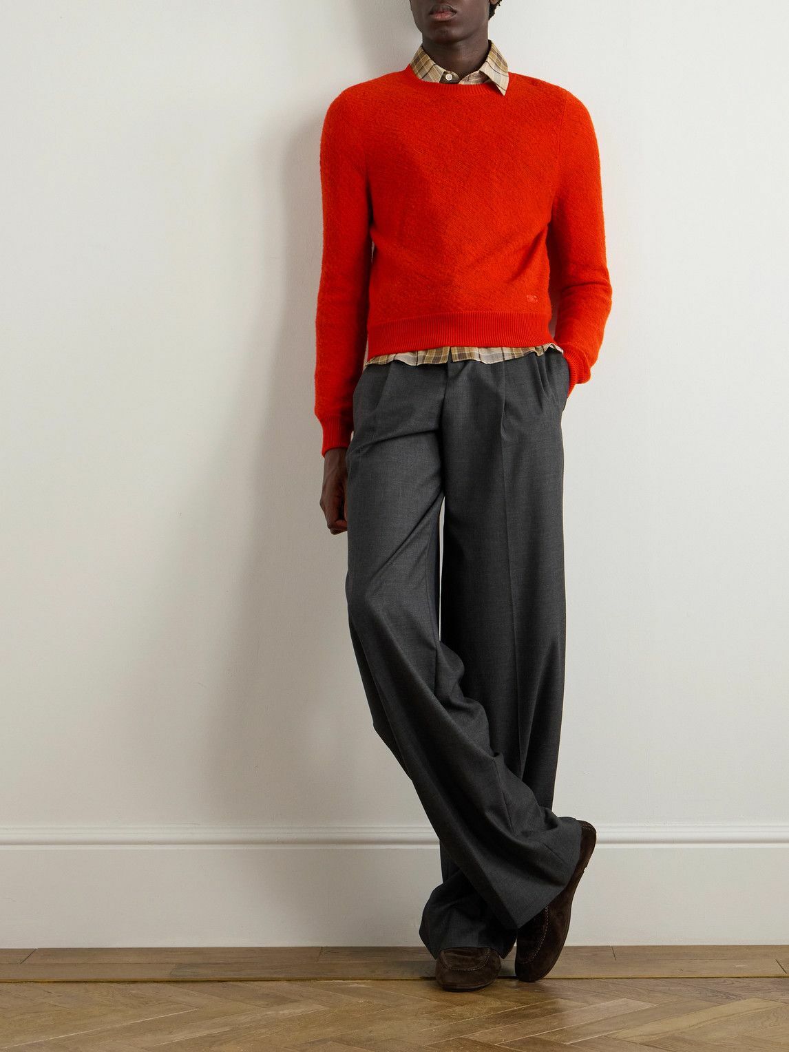 CELINE - Logo-Embroidered Open-Knit Wool Sweater - Red