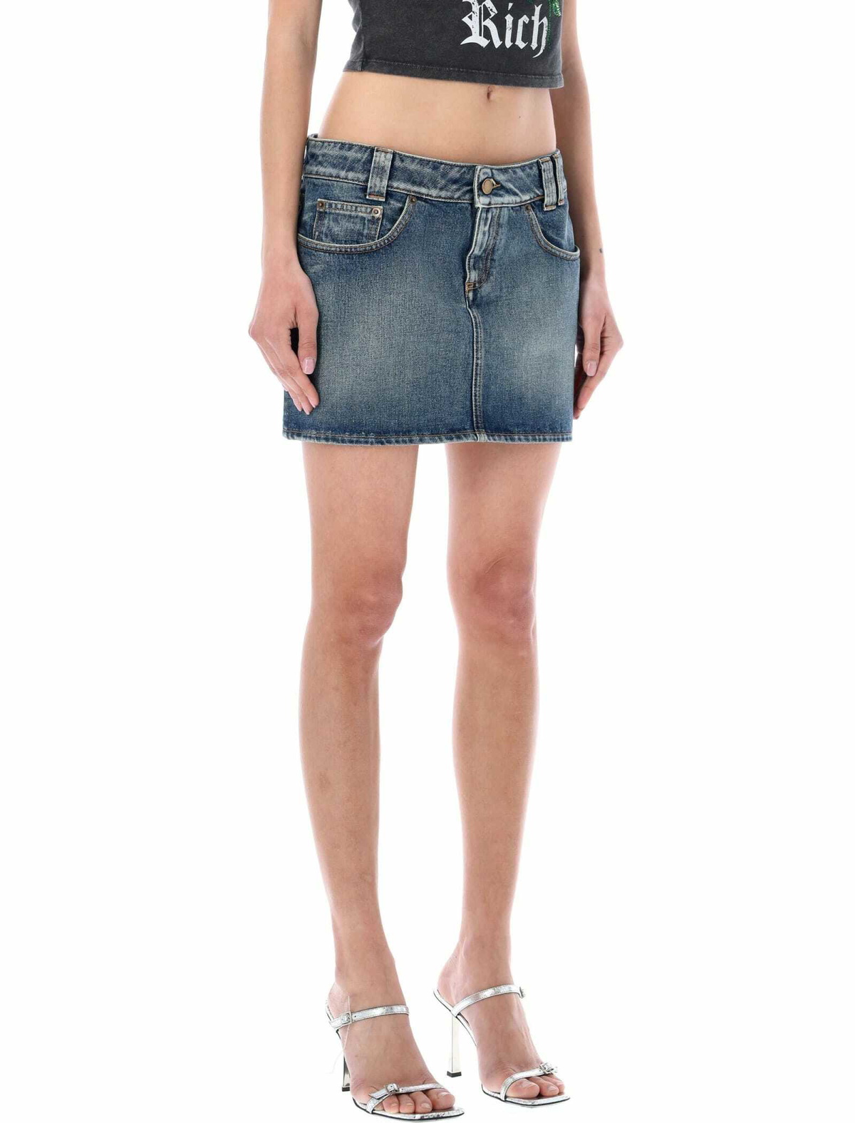 Alessandra Rich Denim Mini Skirt With Crystal Rose