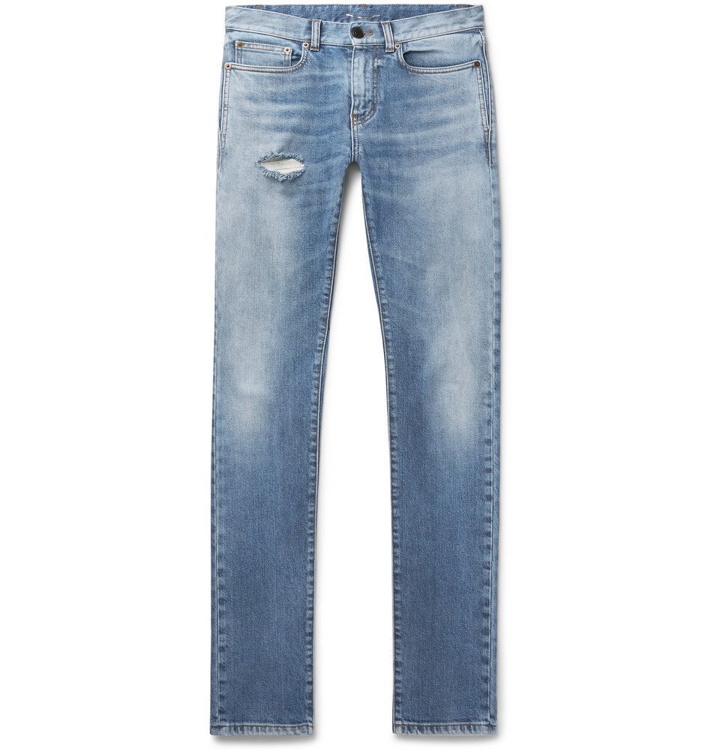 Photo: SAINT LAURENT - Skinny-Fit Distressed Denim Jeans - Blue