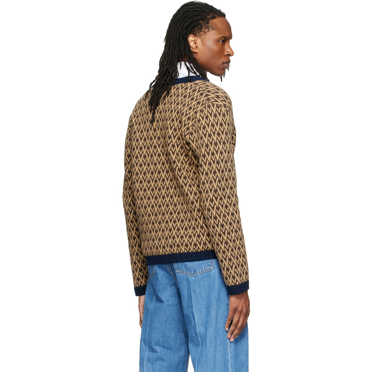 Valentino Beige & Navy Jacquard Logo Wool Cardigan