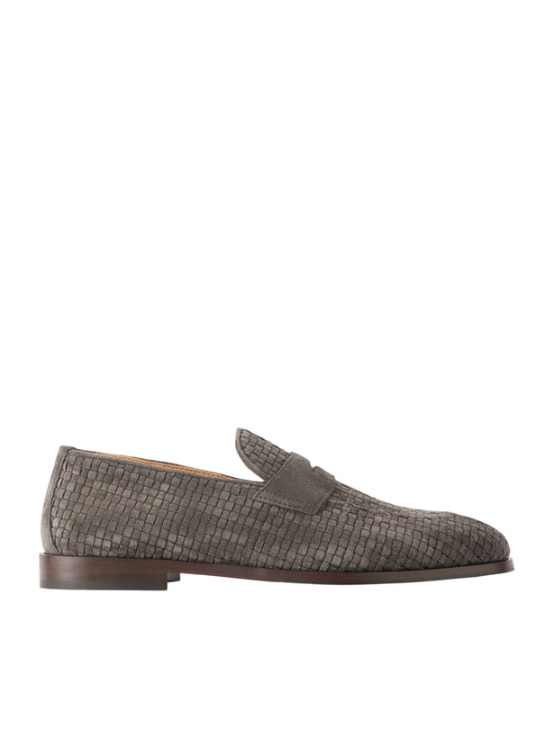 Photo: Brunello Cucinelli - Woven Suede Penny Loafers - Gray