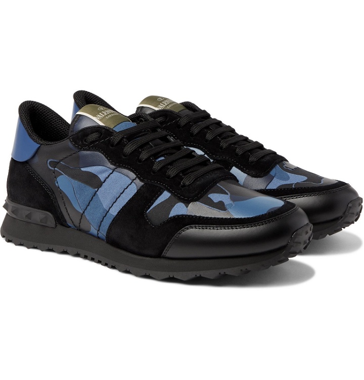 Photo: Valentino - Valentino Garavani Rockrunner Camouflage-Print Canvas, Leather and Suede Sneakers - Blue
