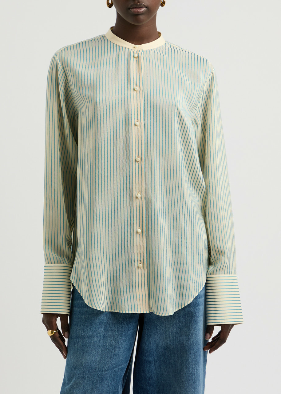 Chloe Women's Striped Loose Fit Silk-Satin Shirt Size 38 (UK10 / S), Features Dropped Shoulders & Split Cuffs Stripe
