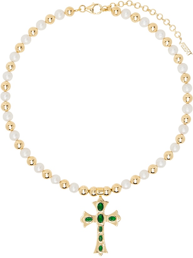 Photo: VEERT Gold & White 'The Green Cross Freshwater Pearl' Necklace