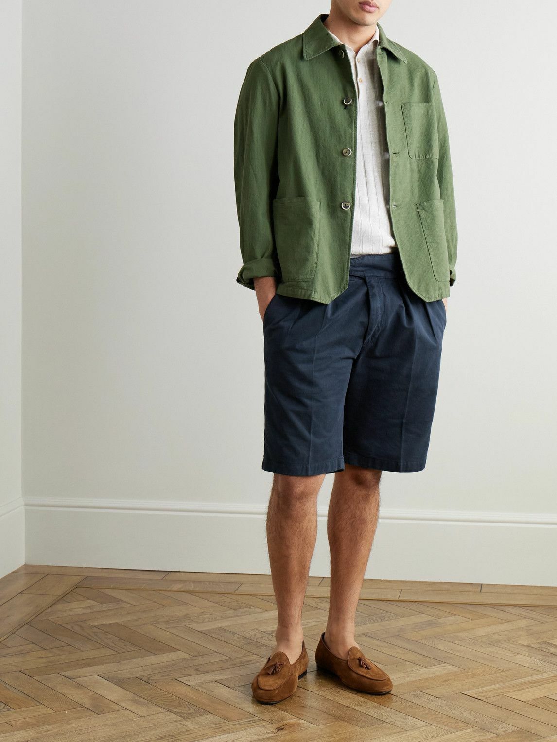 Rubinacci - Manny Straight-Leg Pleated Cotton Shorts - Blue