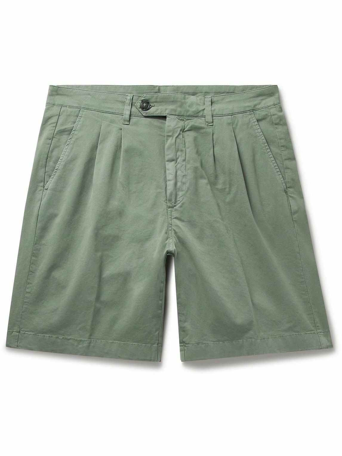 Photo: Canali - Straight-Leg Pleated Cotton-Blend Twill Bermuda Shorts - Green