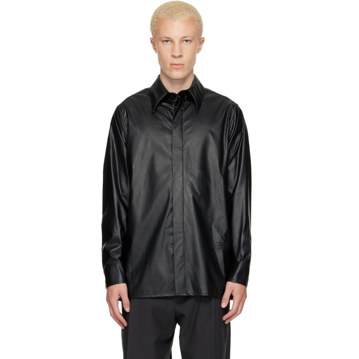 Photo: MM6 Maison Margiela Black Long-Sleeved Faux-Leather Shirt
