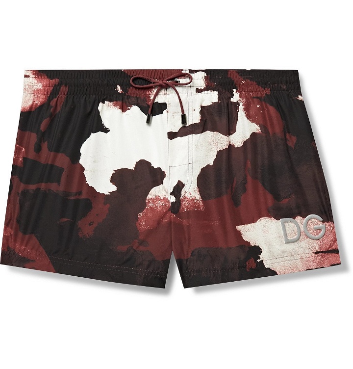 Photo: DOLCE & GABBANA - Short-Length Logo-Appliquéd Printed Swim Shorts - Red