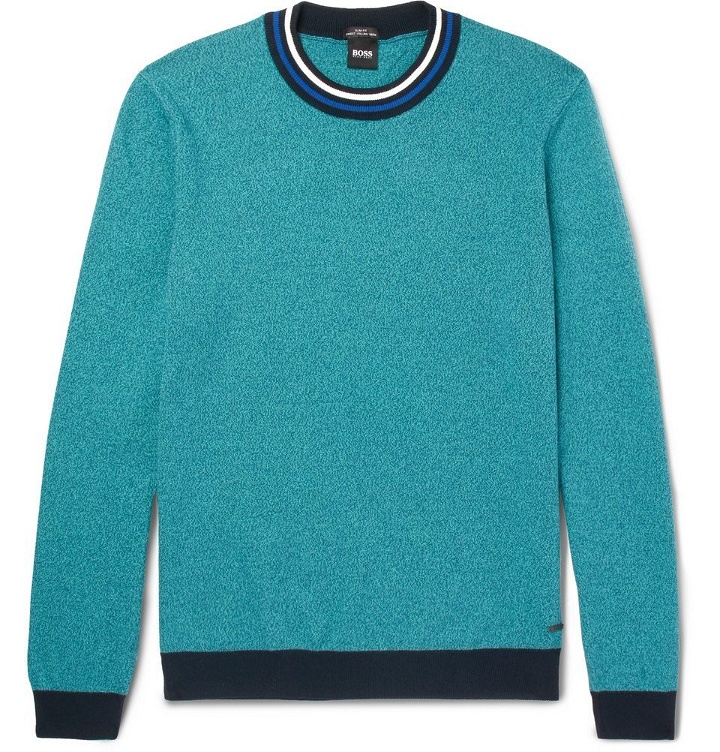Photo: Hugo Boss - Talvino Slim-Fit Stripe-Trimmed Cotton Sweater - Turquoise