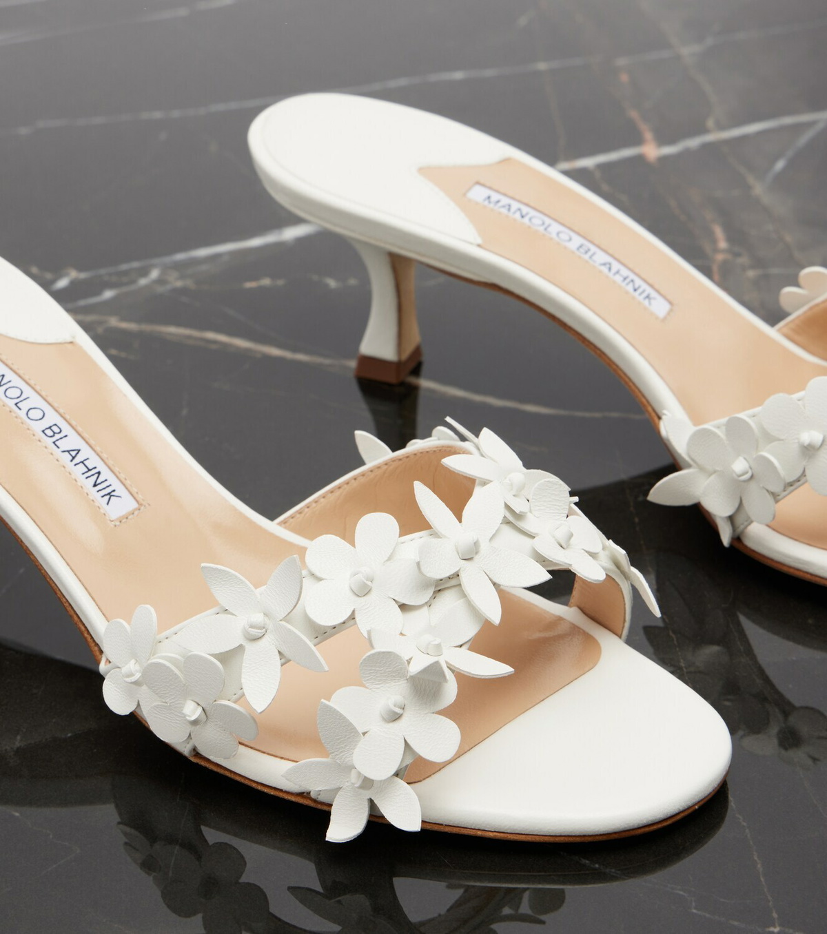 Manolo Blahnik Anistarona floral-appliqué leather mules