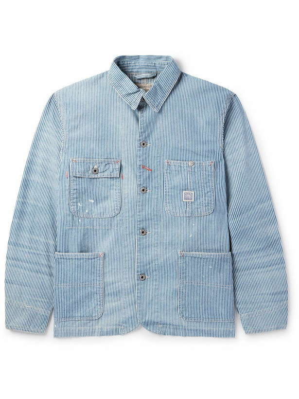 Photo: Polo Ralph Lauren - Logo-Appliquéd Paint-Splattered Striped Denim Overshirt - Blue
