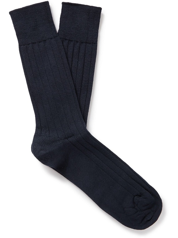 Photo: John Smedley - Omega Ribbed Merino Wool-Blend Socks - Black