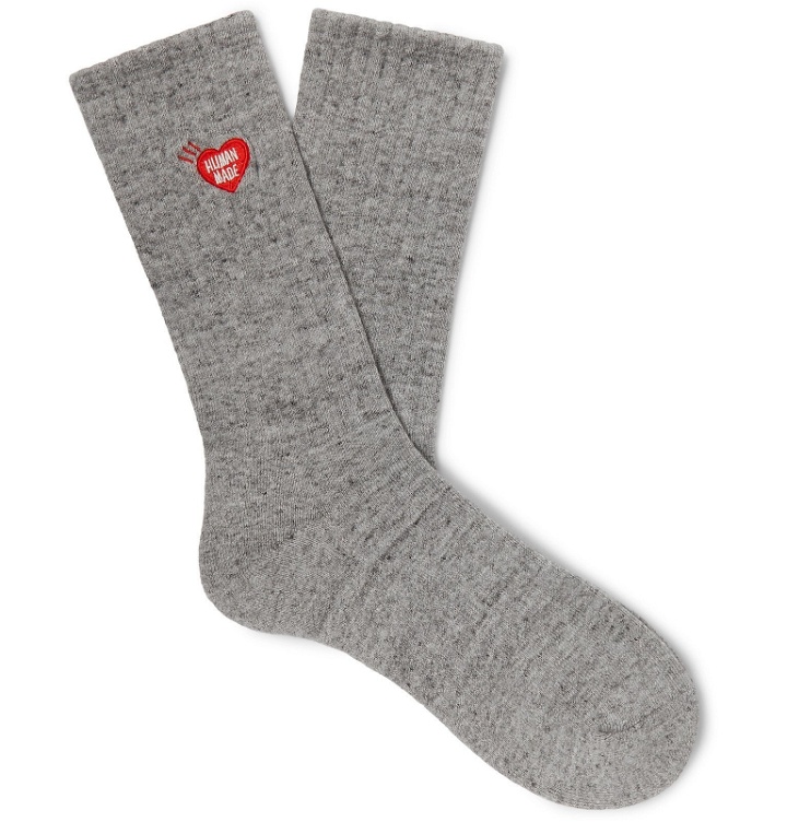 Photo: Human Made - Logo-Embroidered Ribbed Mélange Cotton-Blend Socks - Gray