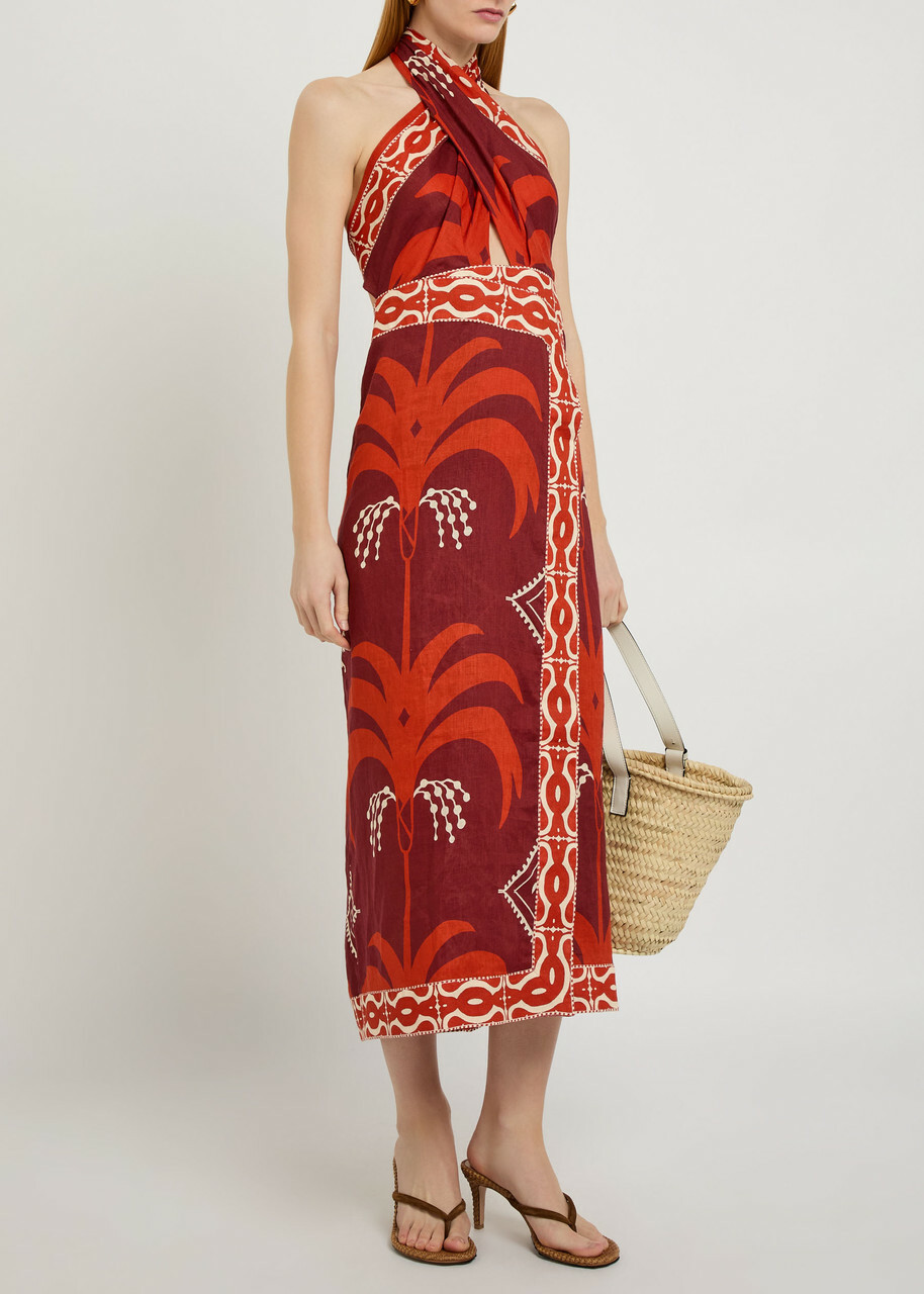 Johanna Ortiz Buen Viento Halterneck Linen Midi Dress Red