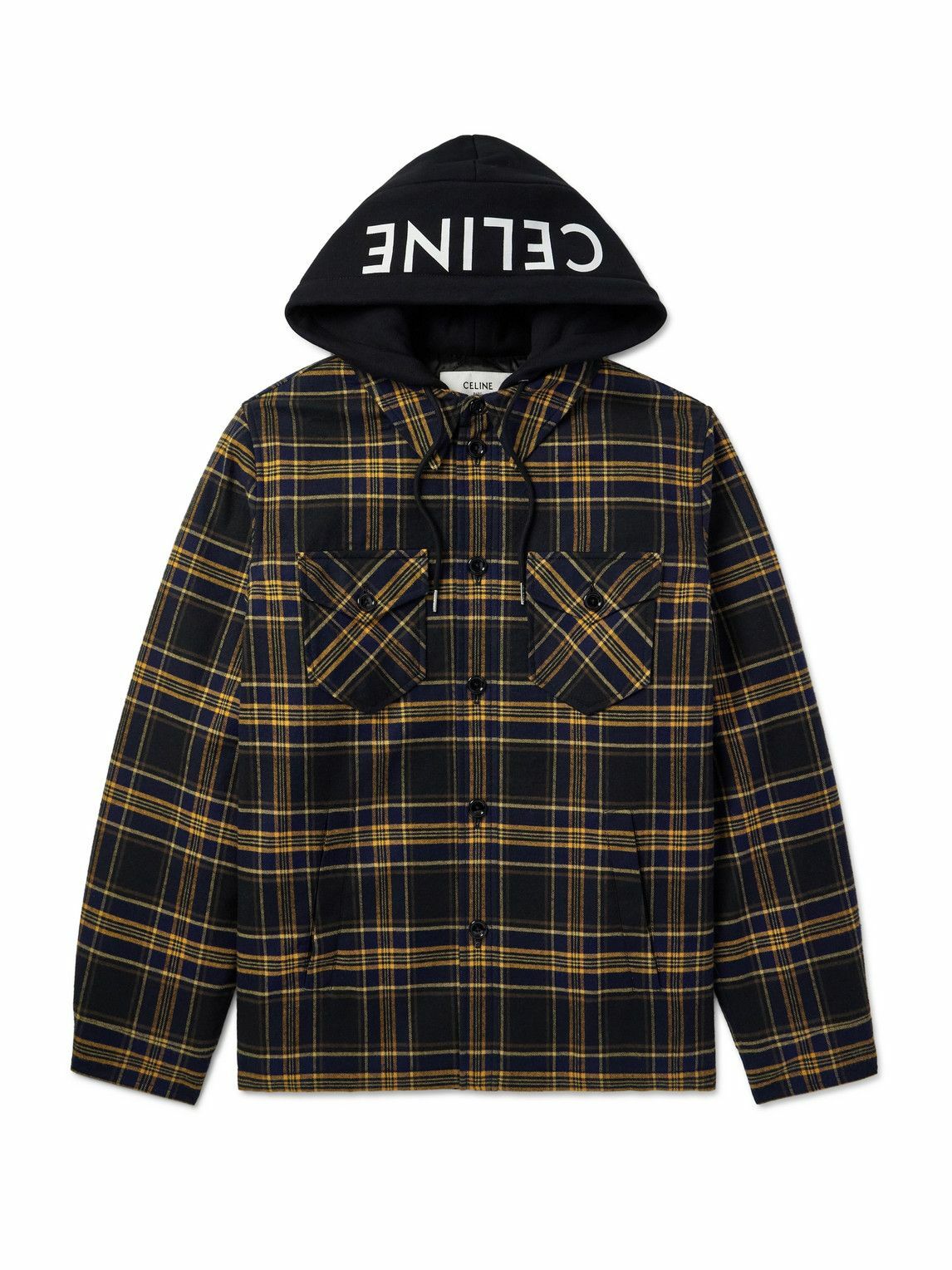 CELINE - Logo-Print Jersey and Checked Cotton-Flannel Hooded