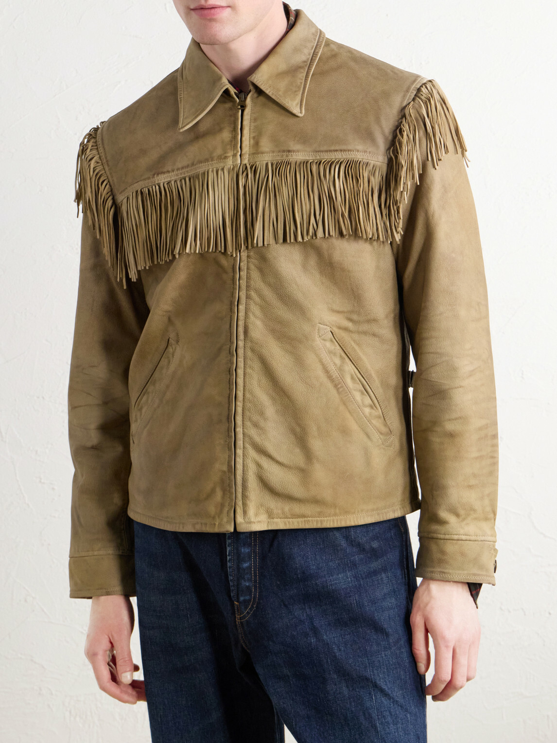 RRL - Elkhorn Fringed Suede-Trimmed Leather Jacket - Green