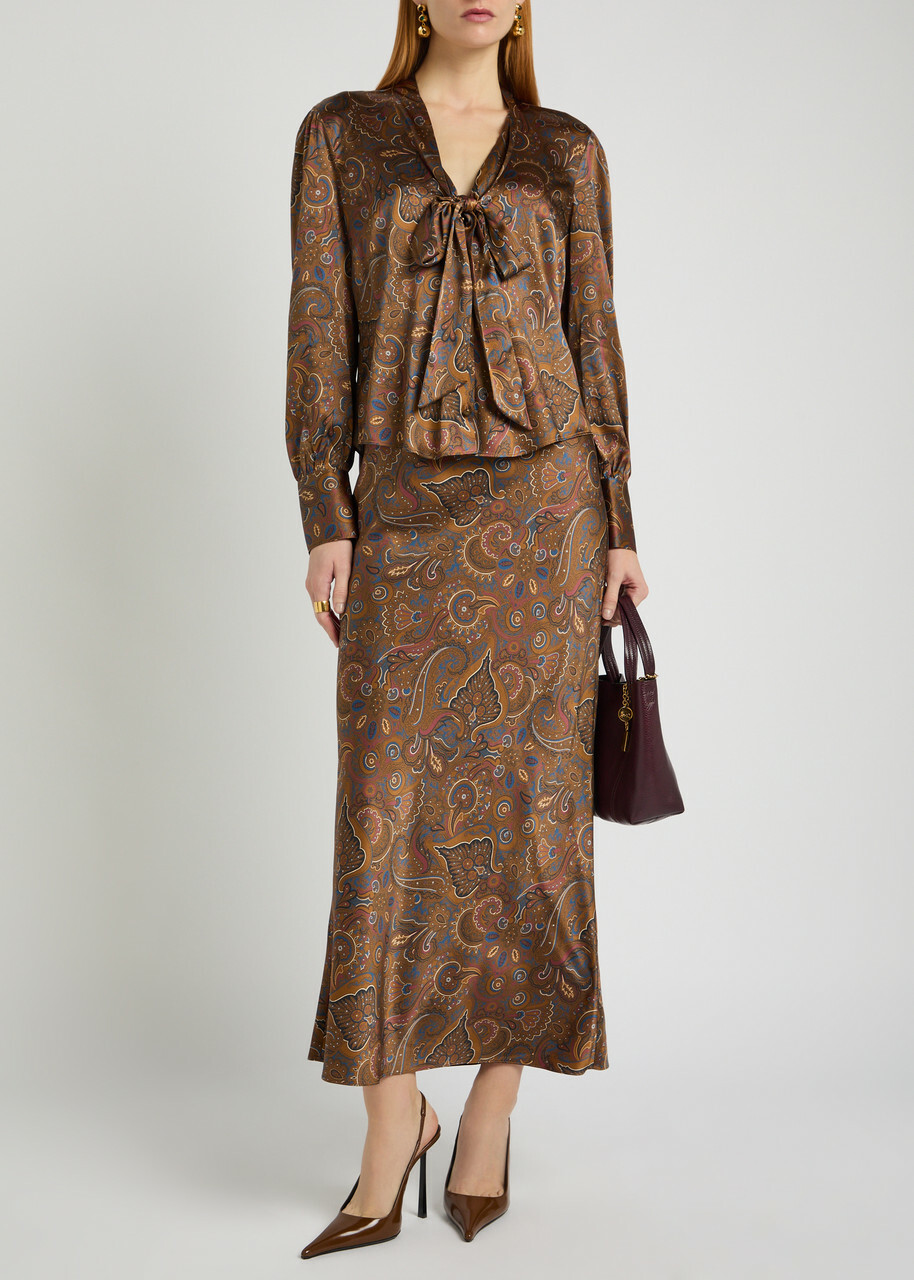 Veronica Beard Clover Paisley-print Silk-blend Midi Skirt Brown